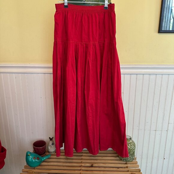 Vintage Gene Ewing BIS Red Maxi Skirt With Elastic Waistband Size S Wrinkled Ric - Picture 1 of 8